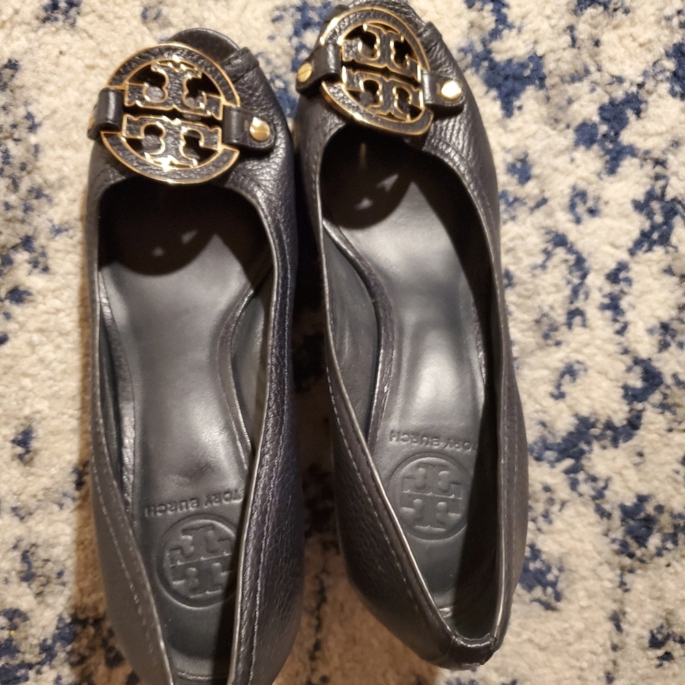 Tori Burch Blue Leather Logo Peep Toe Wedges